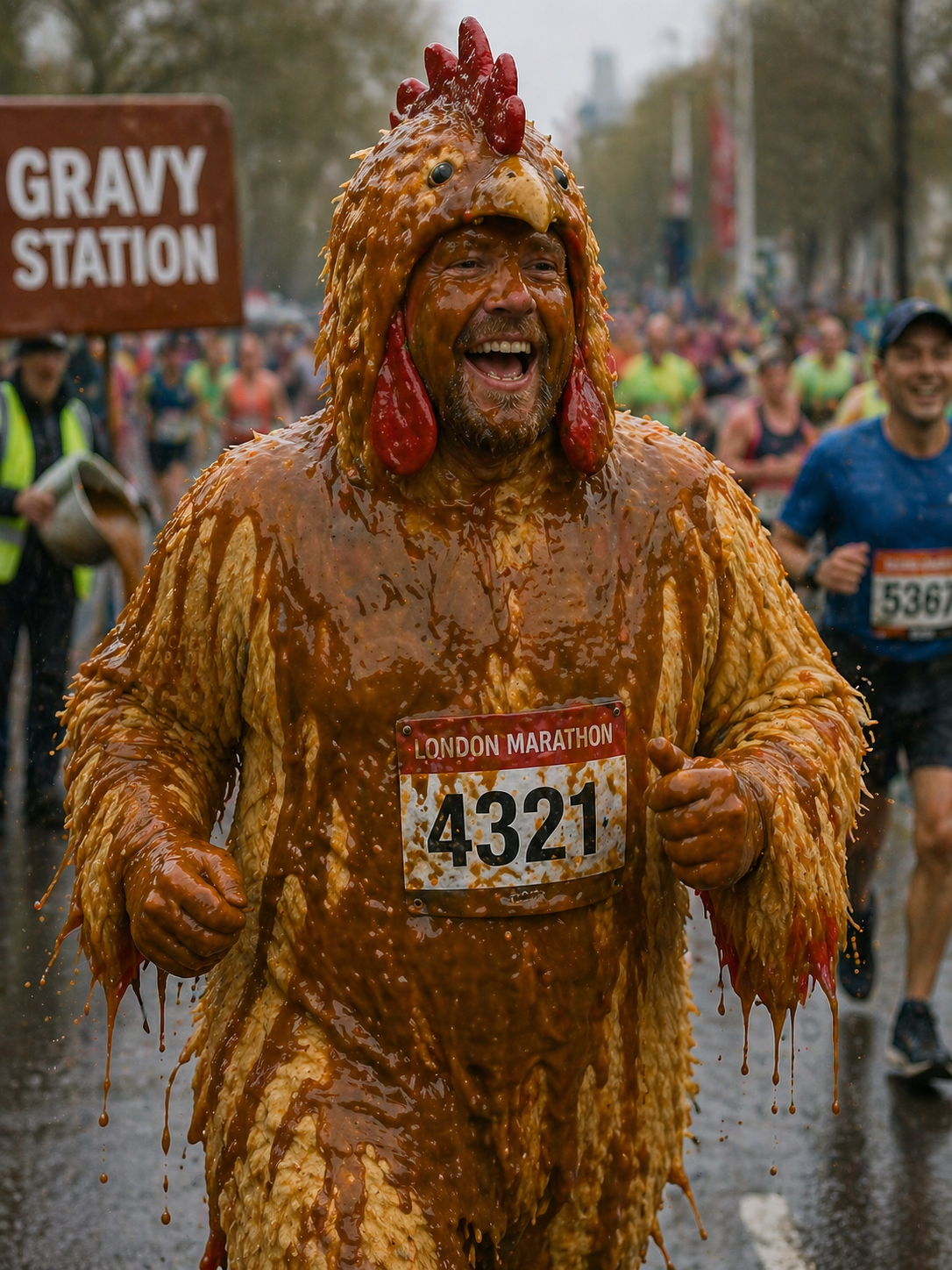 A charity runner in a chicken outfit covered in gravy